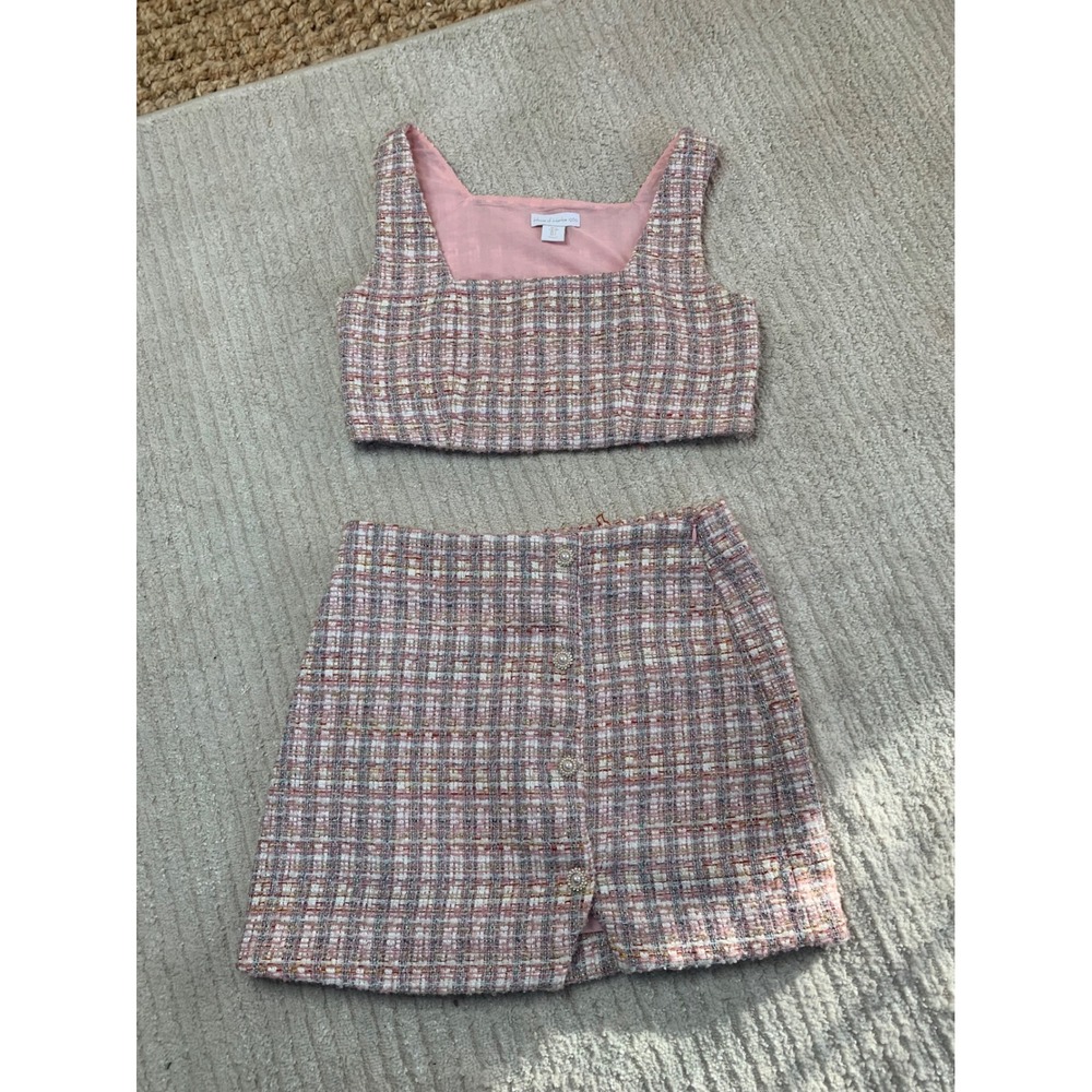 House of Harlow 1960 Pixie Dust Pink 2 Piece Crop Top Mini Skirt Pearl Button S - Picture 15 of 16